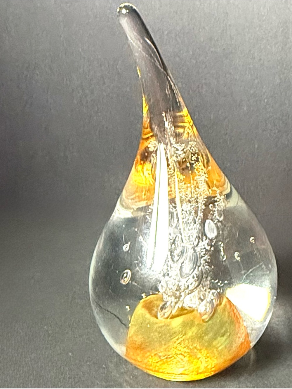 Vintage Signed Adam Jablonski 5.25" Gold Controlled Bubble Teardrop Paperweight